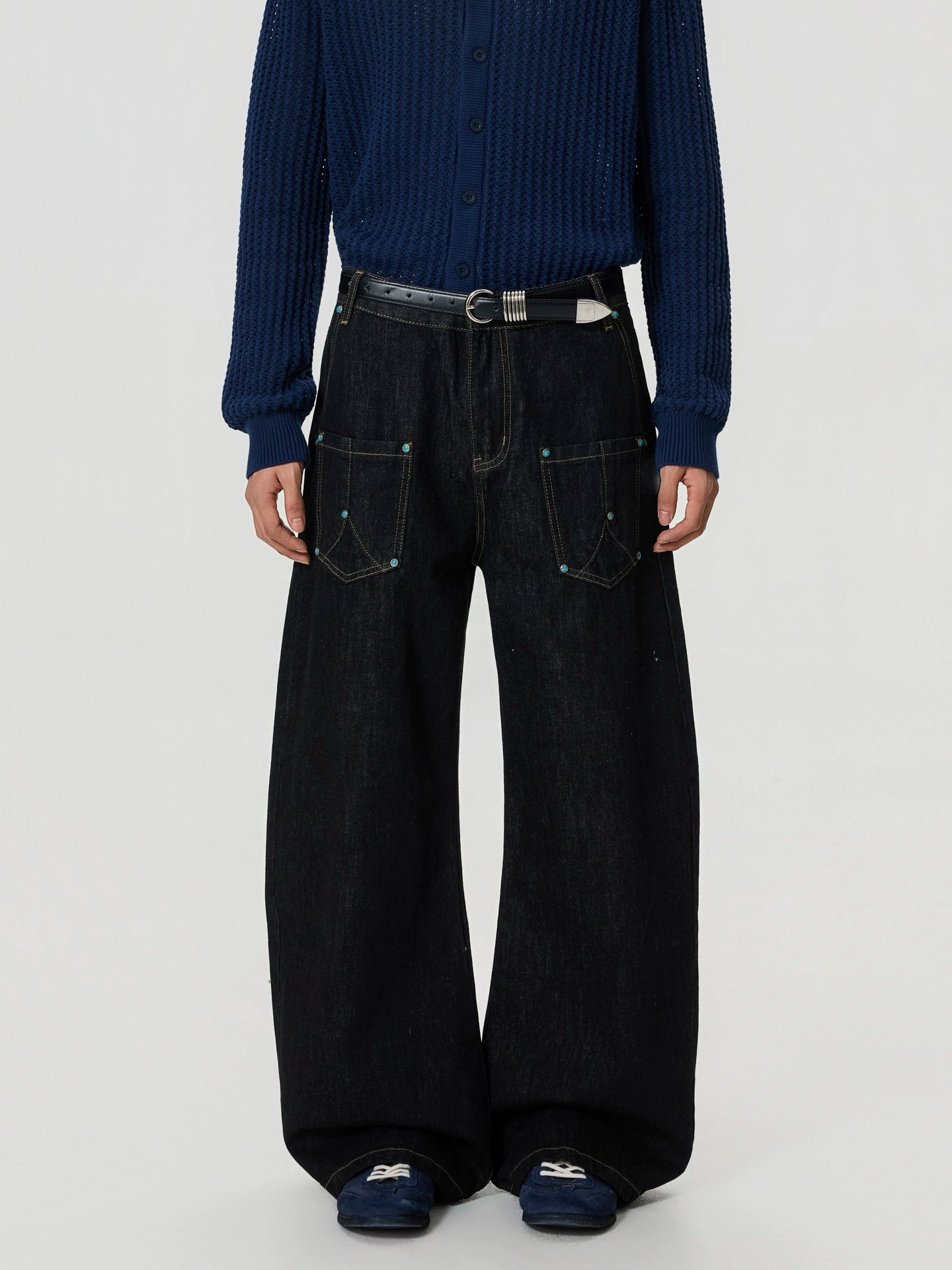 BTSG Vintage Stitching Turquoise Crash Nailed Jeans