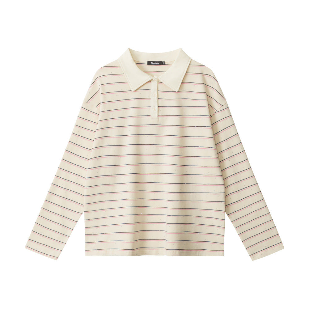 Nariele Hot Diamond Striped Loose Long Sleeve Polo Shirt