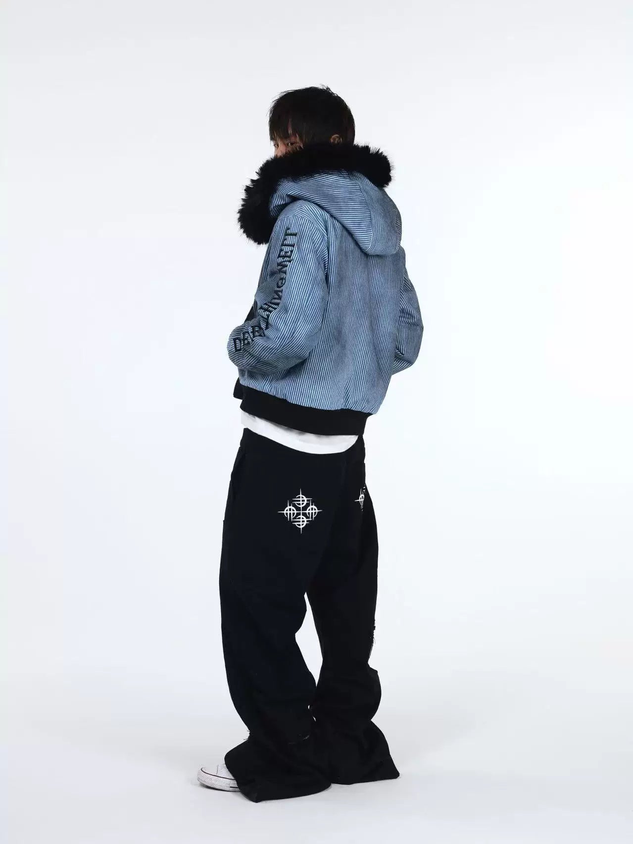 DETW Striped Long Fur Collar Lamb Fleece Hooded Jacket