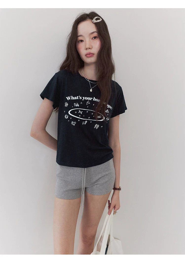 VOOE Crew Neck Letter Print Front Shoulder Versatile Tee