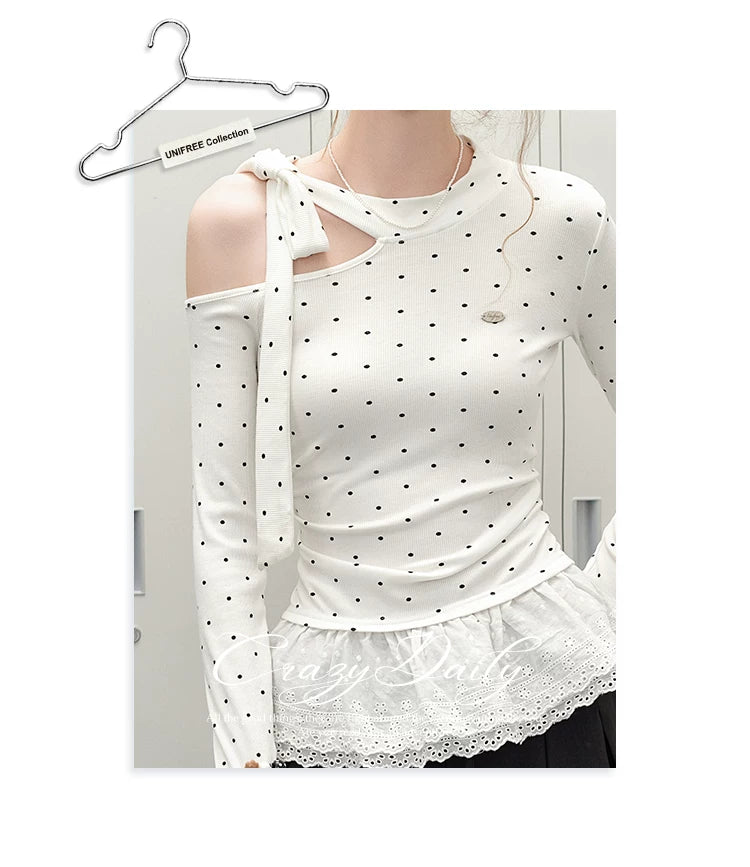 UNIFREE Polka Dot Off Shoulder Waist Strap Lace Splicing Long Sleeve