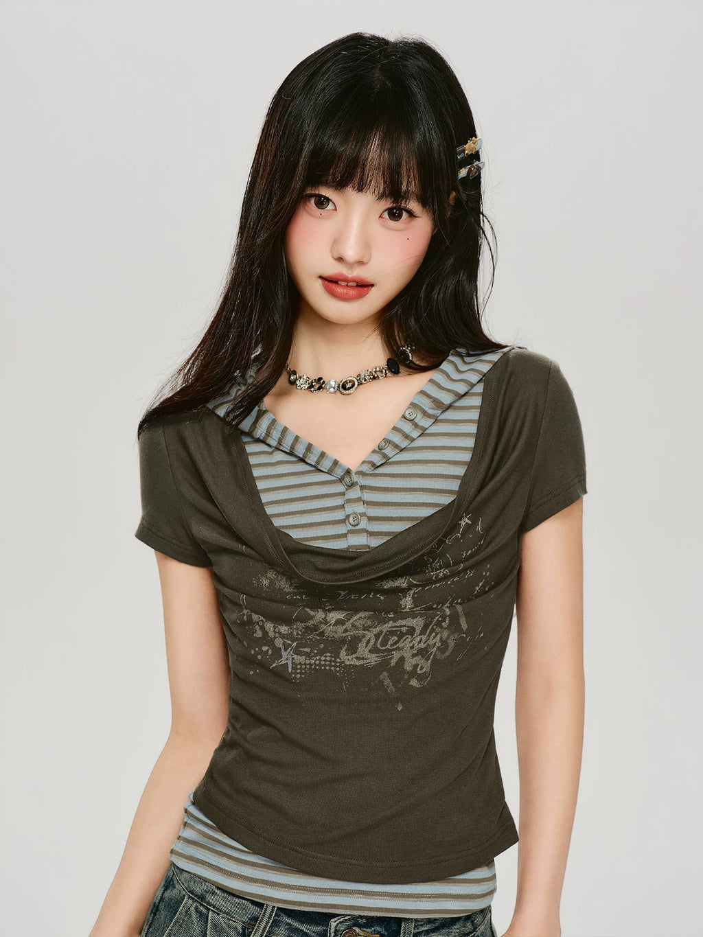 Girlyhalo Vintage Fake Two-piece Hooded Striped Slim Tee