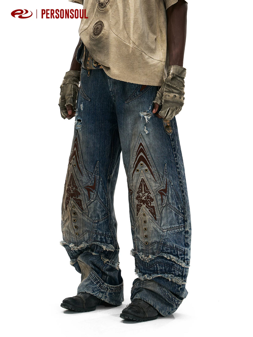 PERSONSOUL Vintage Totem Embroidered Jeans