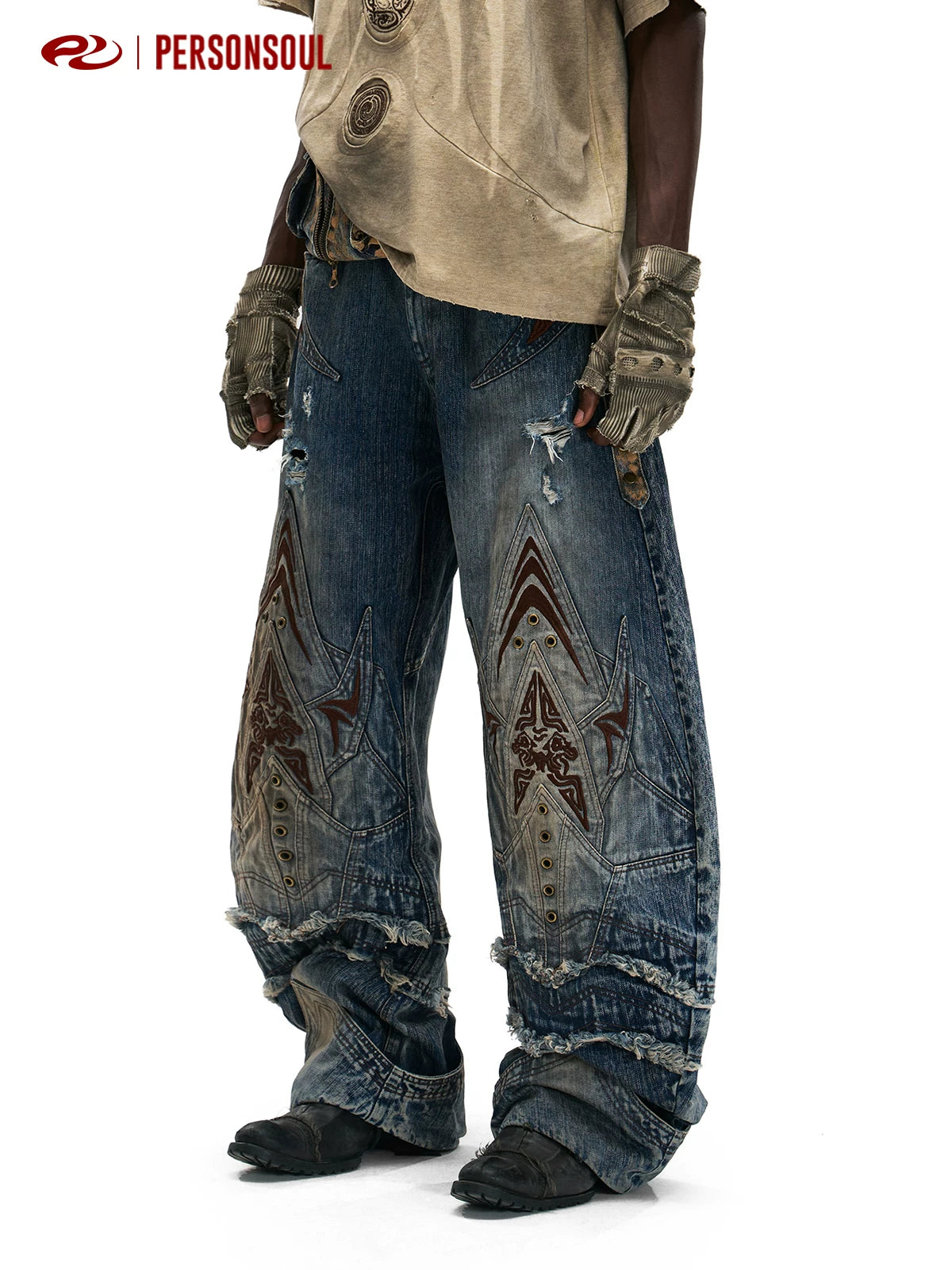PERSONSOUL Vintage Totem Embroidered Jeans