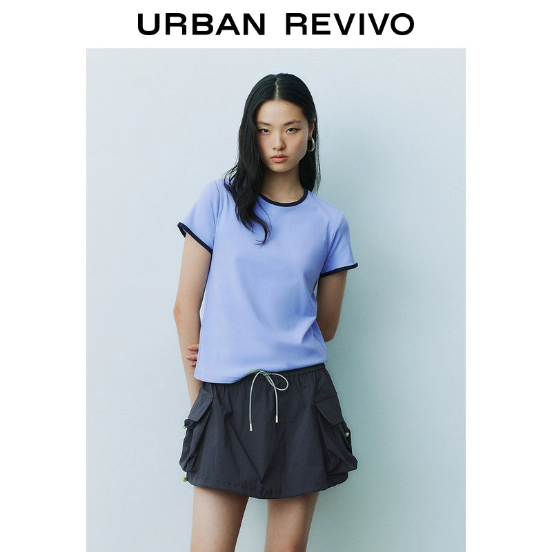 URBAN REVIVO Casual Contrasting Lines Crew Neck Short Sleeve T-Shirt