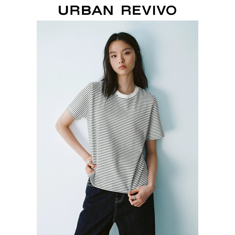 URBAN REVIVO Contrast Striped Crew Neck Short Sleeve T-Shirt