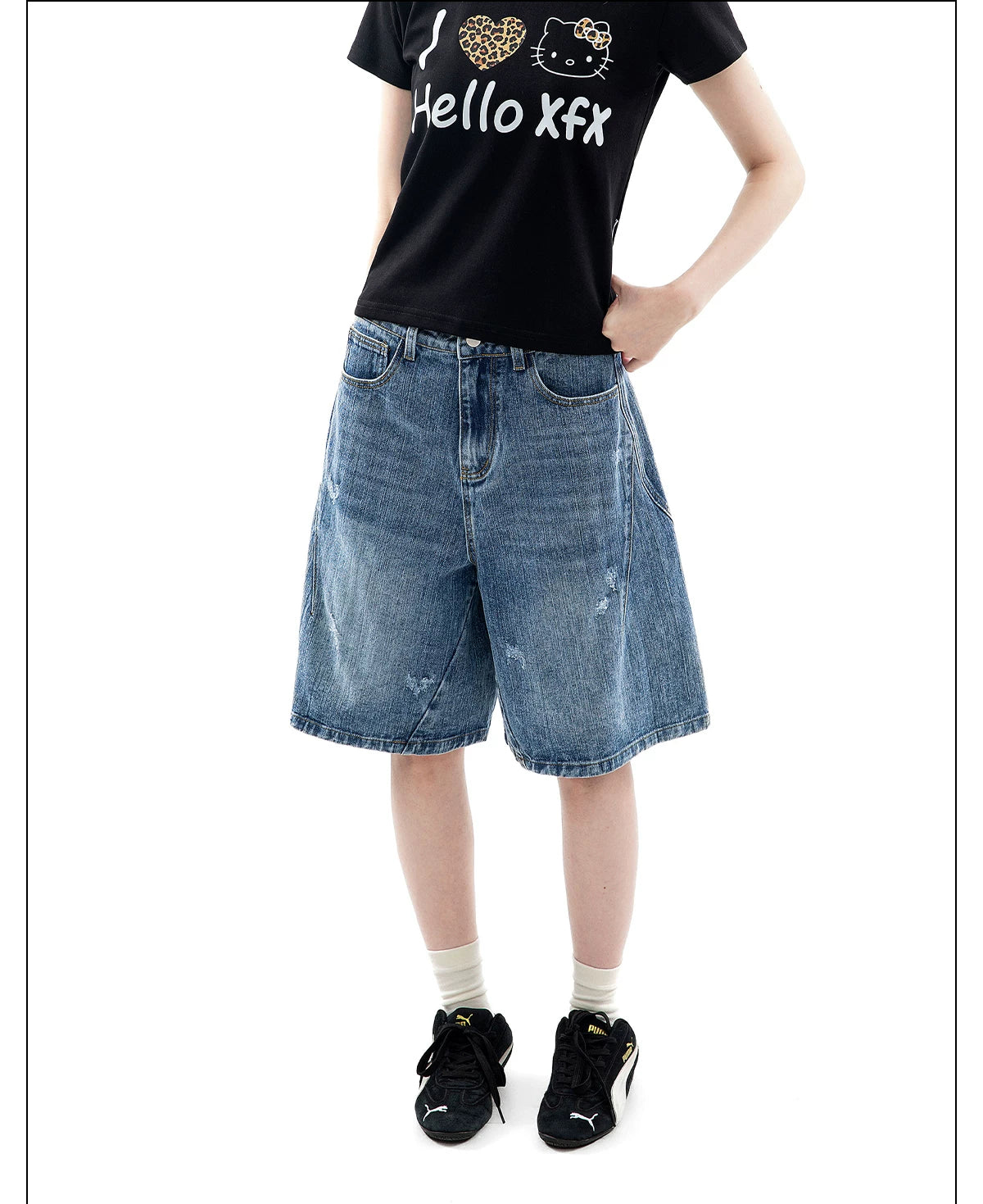 CHANT2nd Vintage Ripped Denim Wide Leg Shorts
