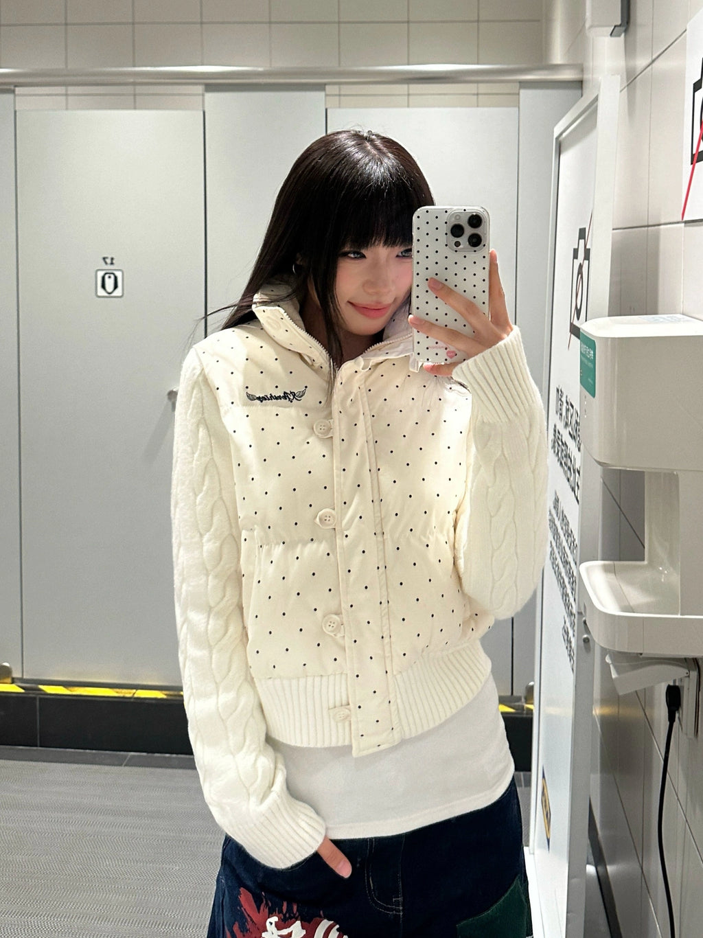 Mershier Vintage Polka Dot Splicing Knitted Stand-Up Collar Cotton Clothing