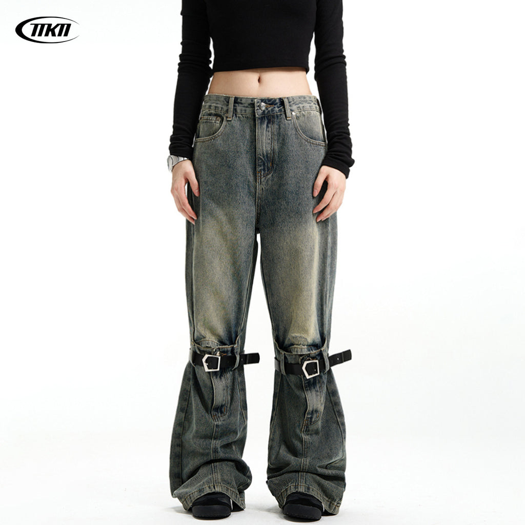 11KN Retro Jeans Stitching Flared Loose Wide-leg Jeans