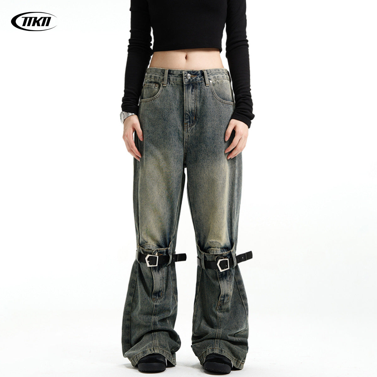 11KN Retro Jeans Stitching Flared Loose Wide-leg Jeans