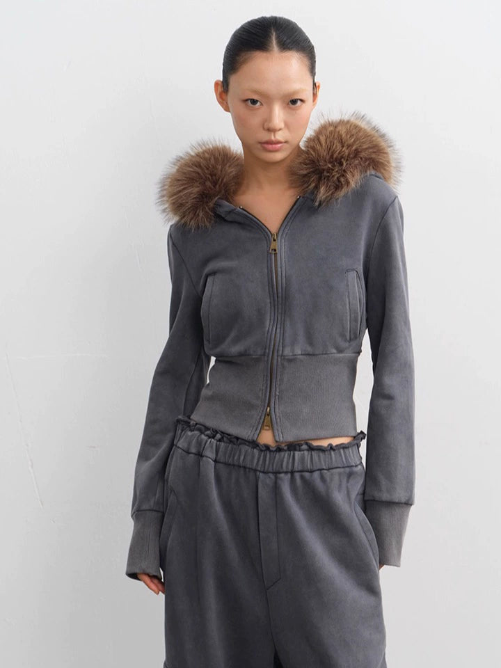 LINY LIBERTY Removable Fur Collar Short Sweater Casual Sweatpants Set