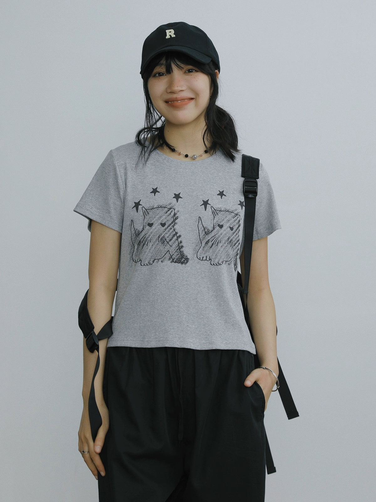 STILLYOU Kitten Print Slim Short Knitted Tee
