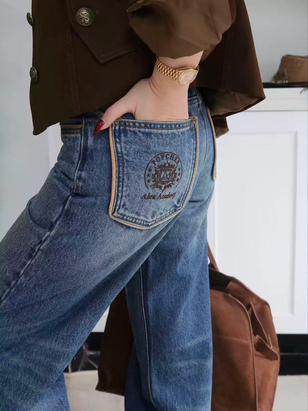 Popchee Stitching Embroidered Wide-leg Jeans