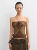 LINY LIBERTY Vintage Diamond Plaid Tube Top Knitted Jacket