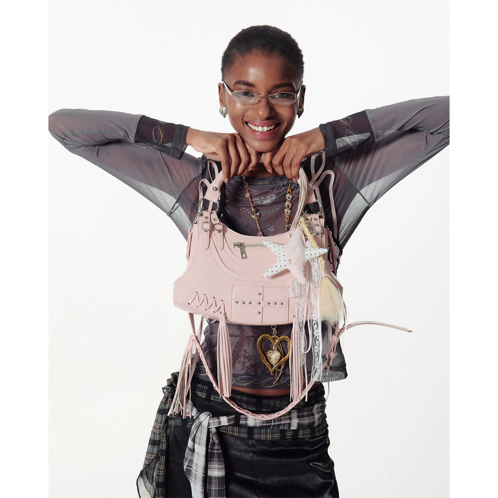 2th Desire Vintage Tassel Metal Rivet Shoulder Underarm Bag