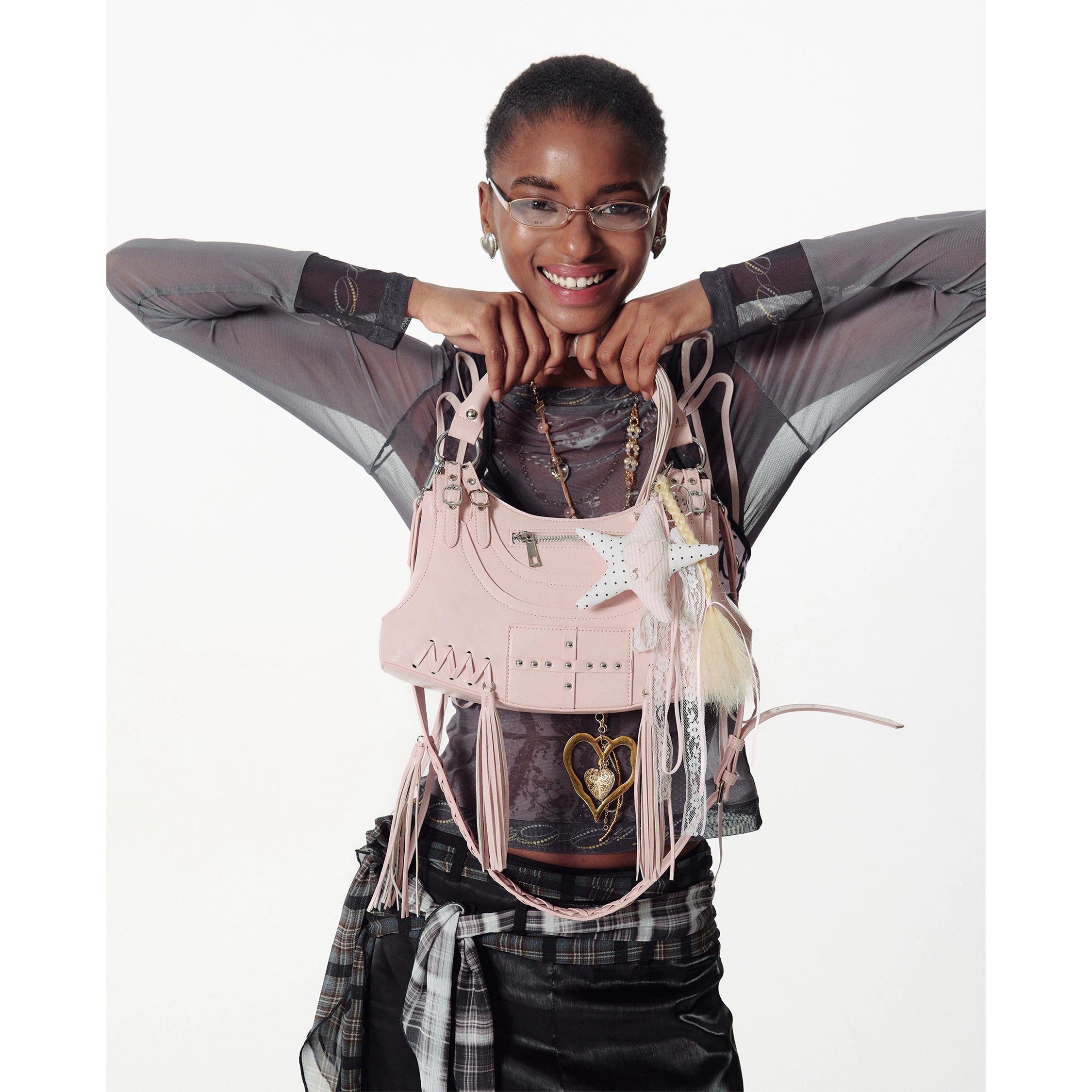 2th Desire Vintage Tassel Metal Rivet Shoulder Underarm Bag