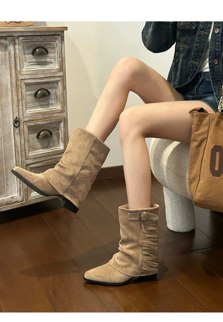 CHRNDXEE Suede Belt Buckle Fringed Western Cowboy Boots