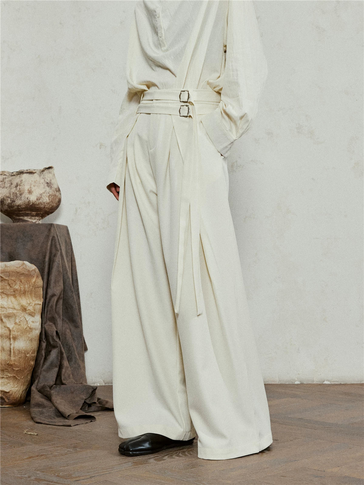 SUNYVONNE Minimalist Double Belt Wide-leg Suit Pants