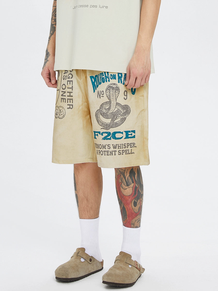 F2CE old loose silhouette mud-dyed printed shorts