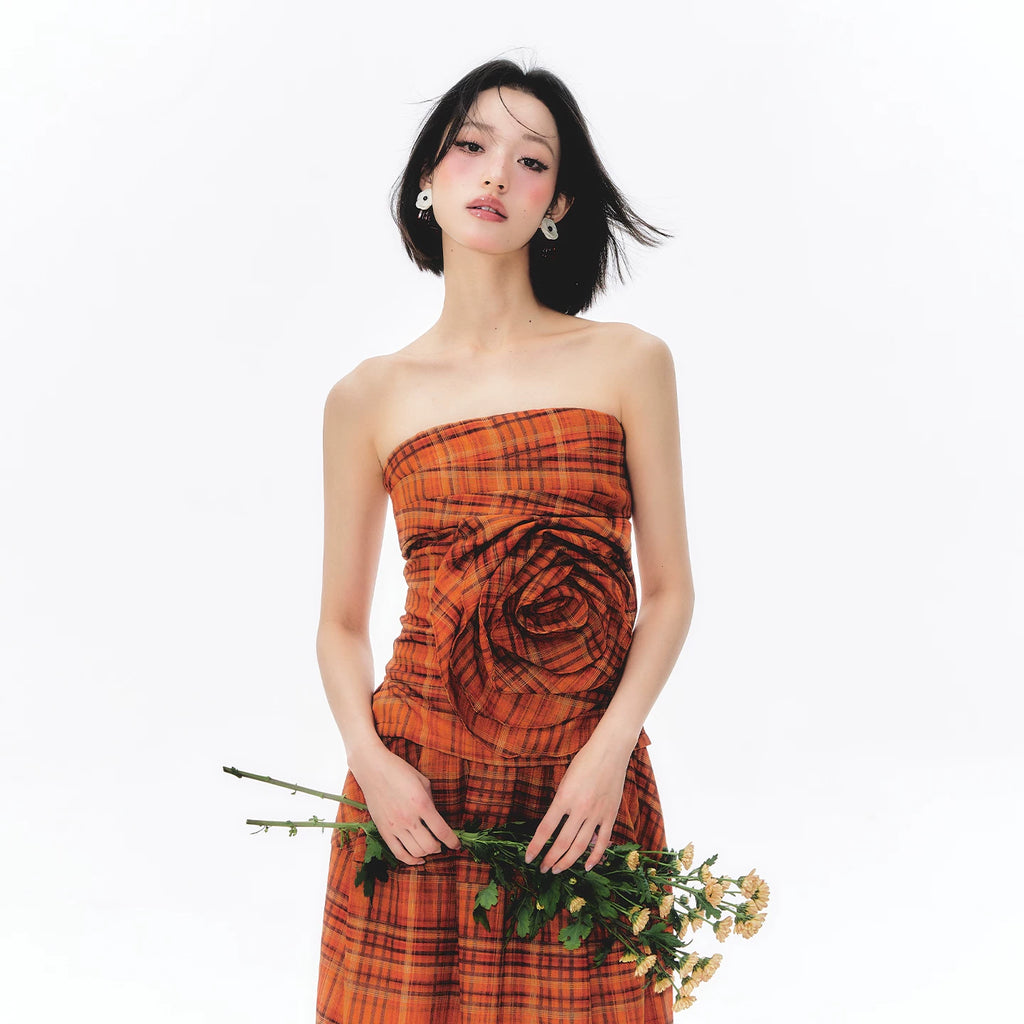 YEDM Retro Plaid Three-dimensional Rose Tube Top Set