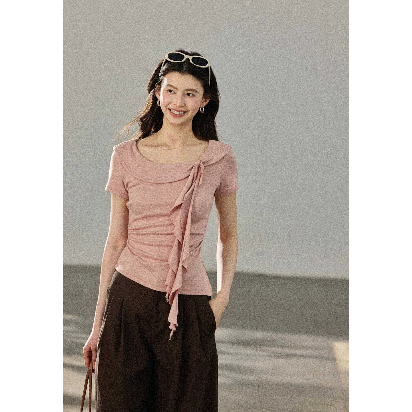 TYANG Waist Lace-up Large Lapel Streamer Slim Tee