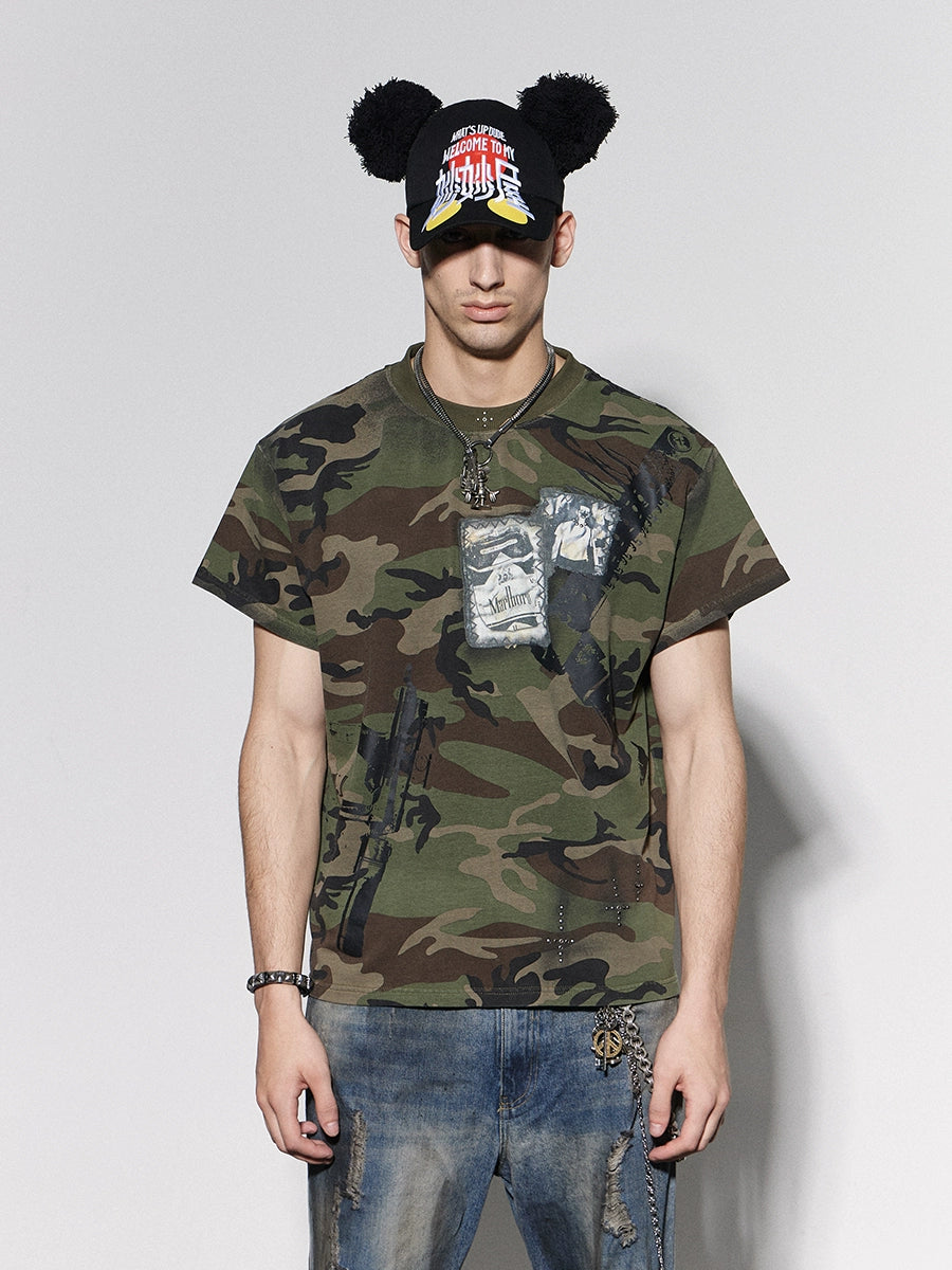 DND4DES Cross Hot Diamond Marlboro Machine Gun Print Camouflage Tee