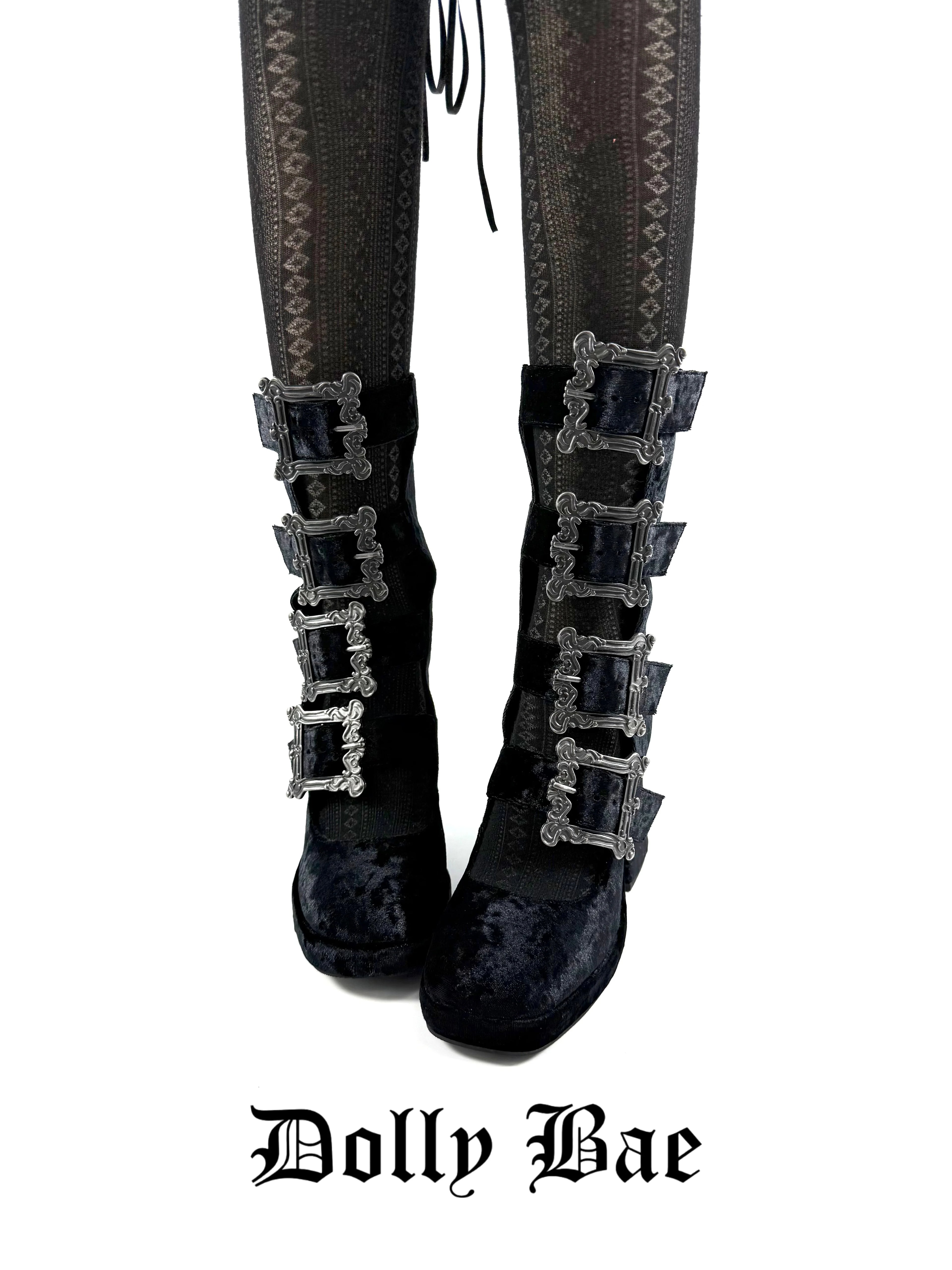 Dollybae Carved Square Buckle Hollow Skinny Boots