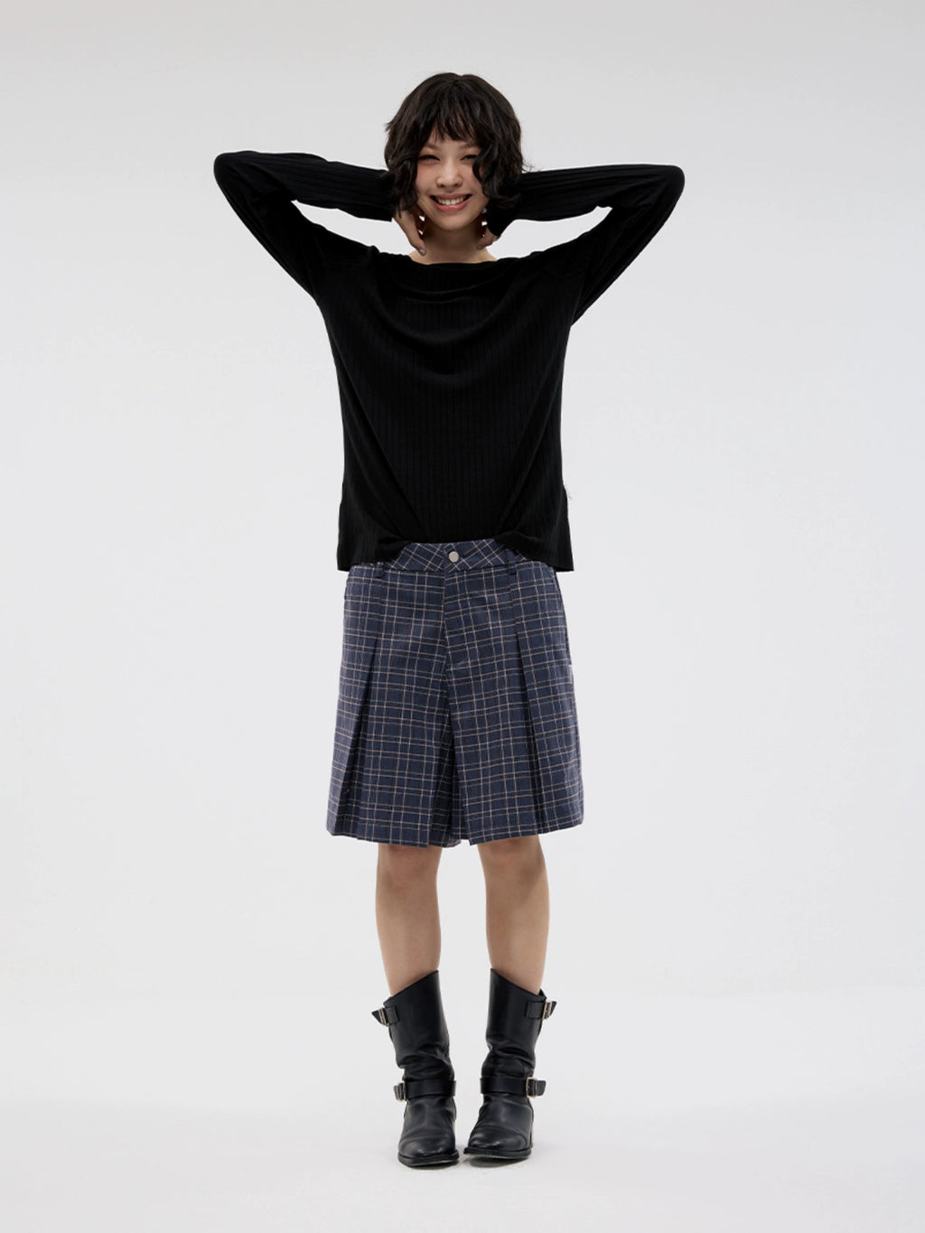 FUNKYFUN Plaid Pleated Silhouette Trousers Skirt
