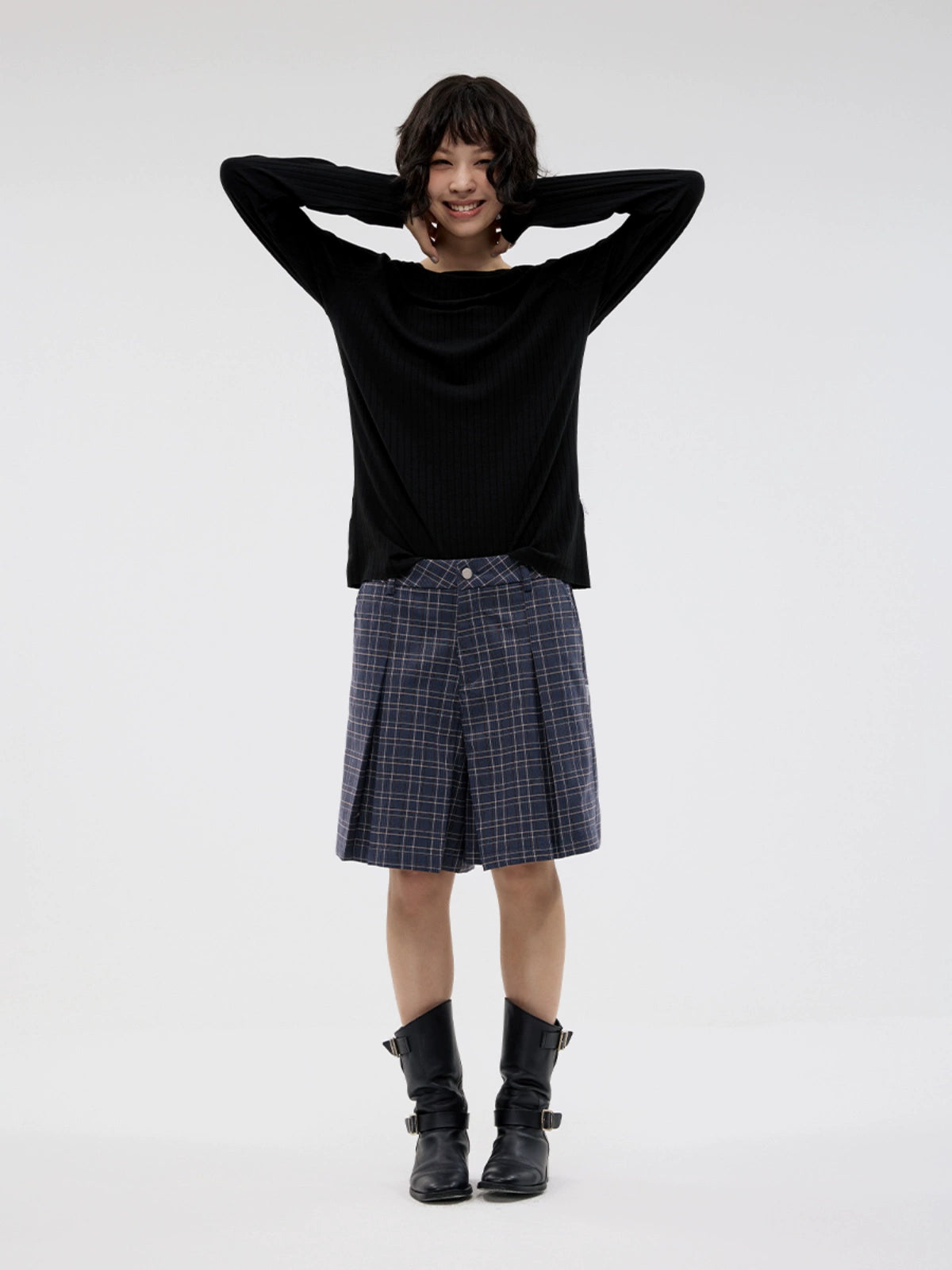 FUNKYFUN Plaid Pleated Silhouette Trousers Skirt