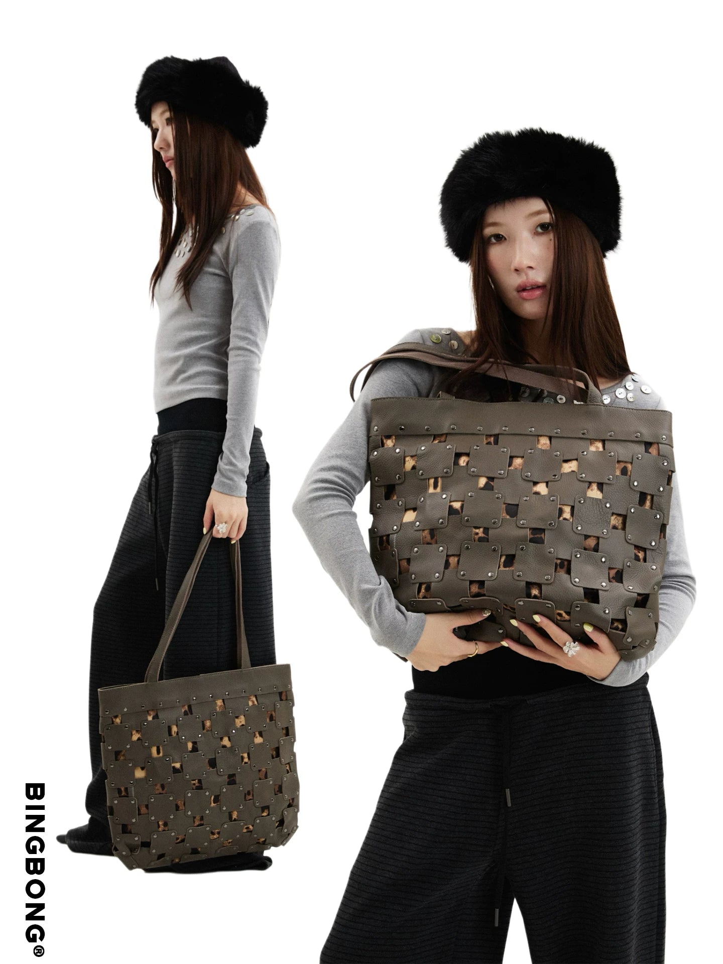 BINGBONG Retro Patch Large Capacity Simple Shoulder Bag