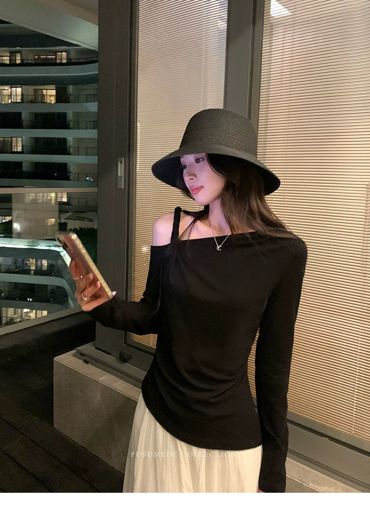 Pusumede Casual Versatile Slash Shoulder Knitted Long Sleeve
