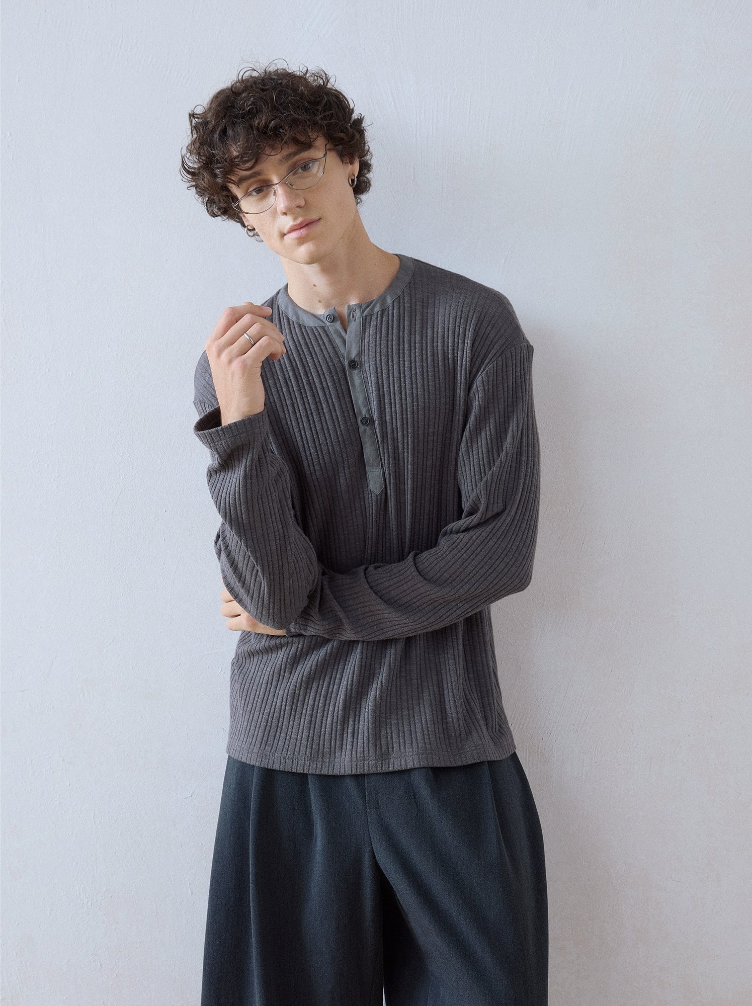 DIMC Henry Collar Button Casual Long Sleeve