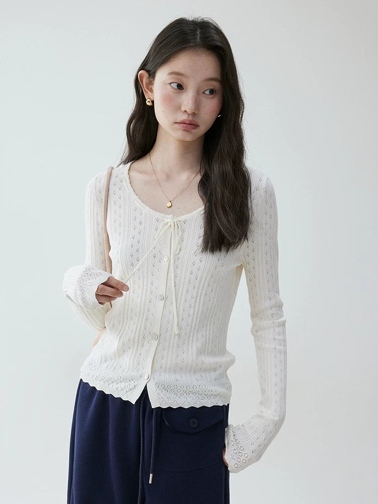 VOOE Round Neck Jacquard Hollow Strap Knitted Long Sleeve
