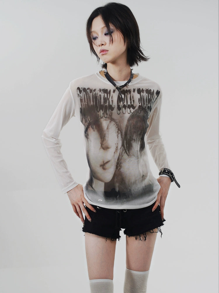 WEBBAR Original Goth Emo Artist Joint Long-sleeved Mesh T-shirt