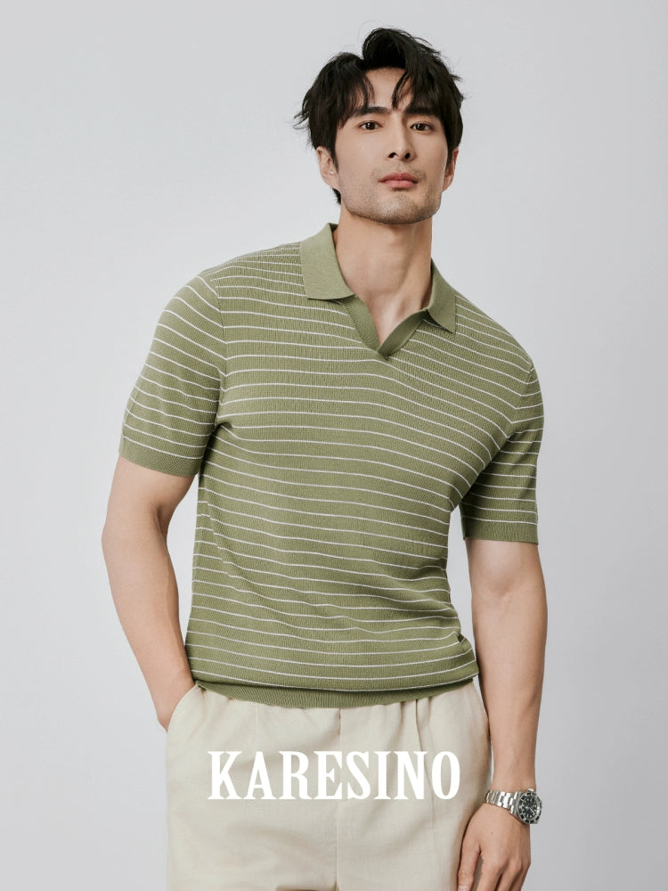 KARESINO Ice Silk Casual Striped Knitted Polo Shirt