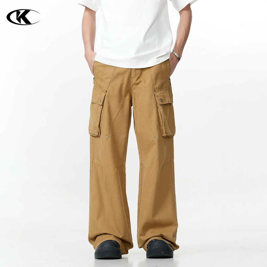 11KN  khaki multi-pocket straight pants