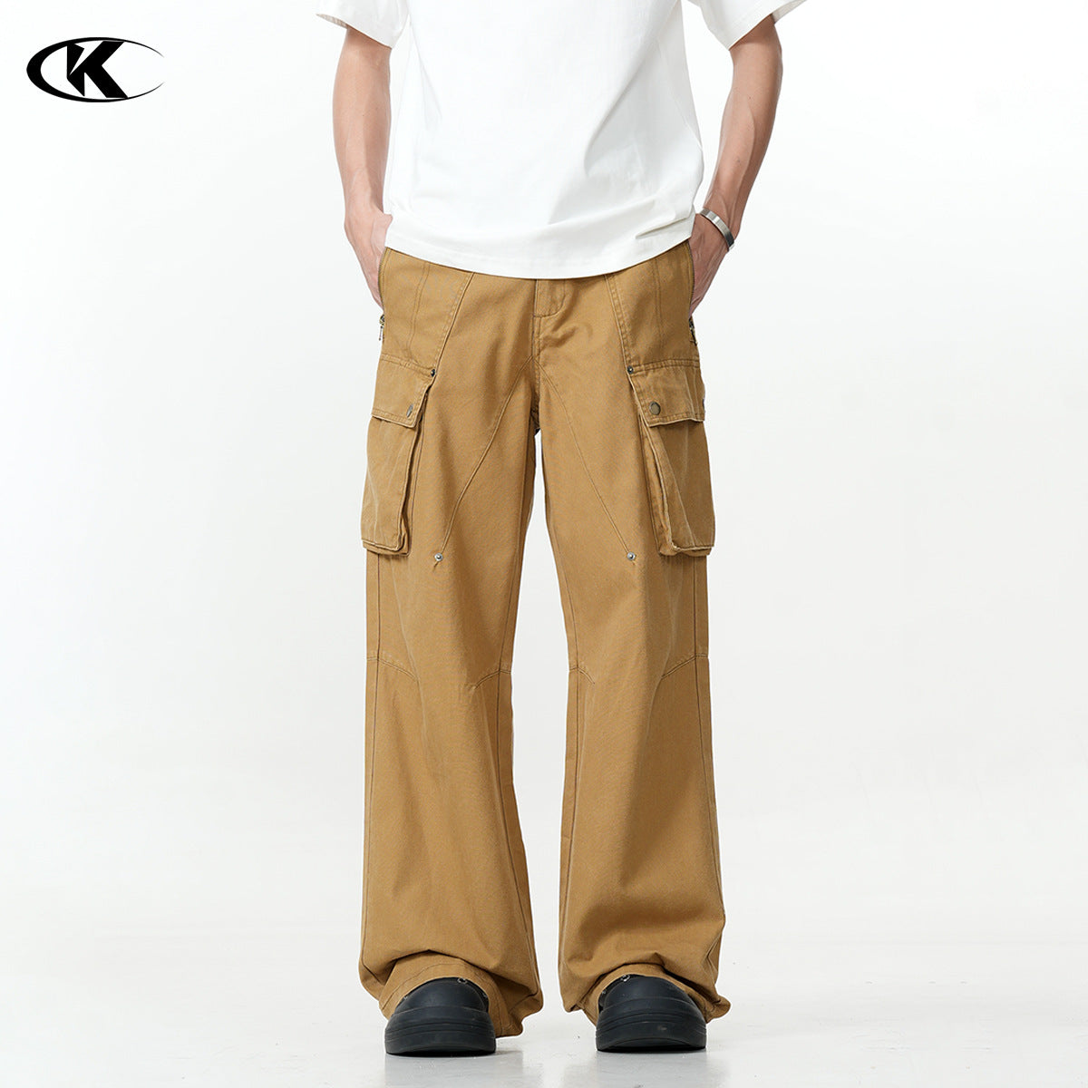 11KN  khaki multi-pocket straight pants