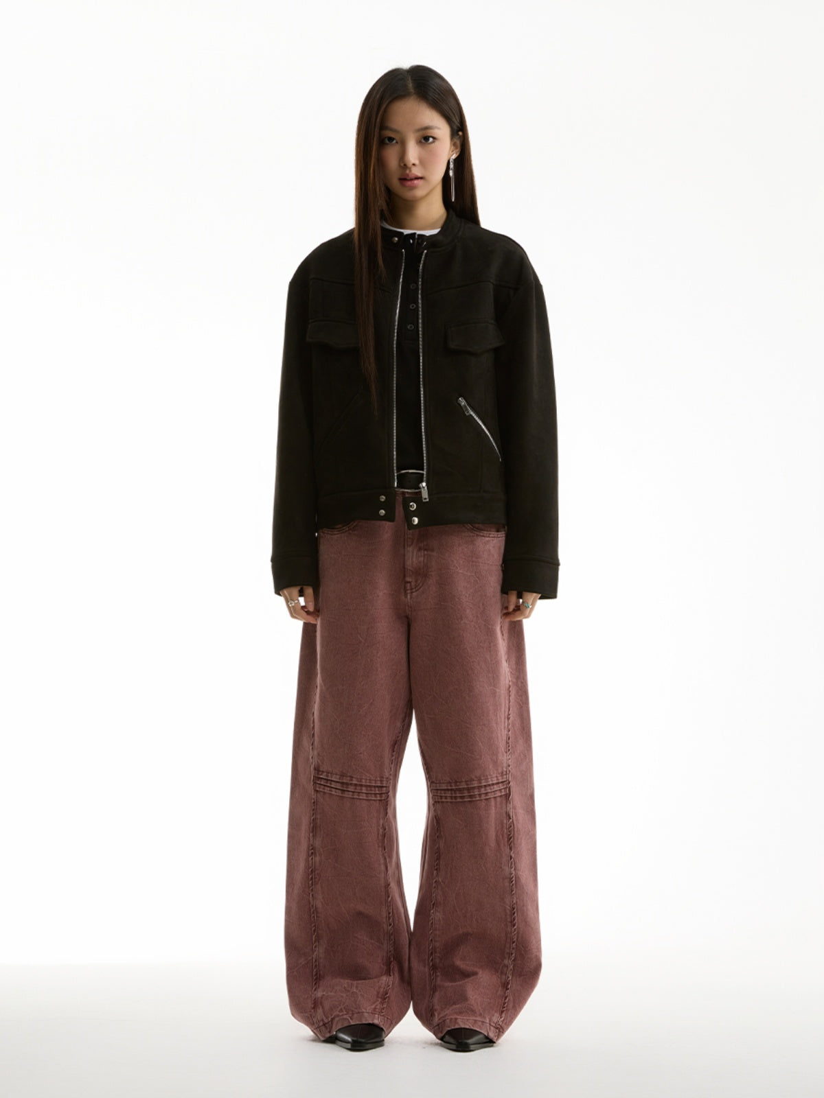 FUNKYFUN 2024AW black suede small stand-up neck zipper loose jacket jacket