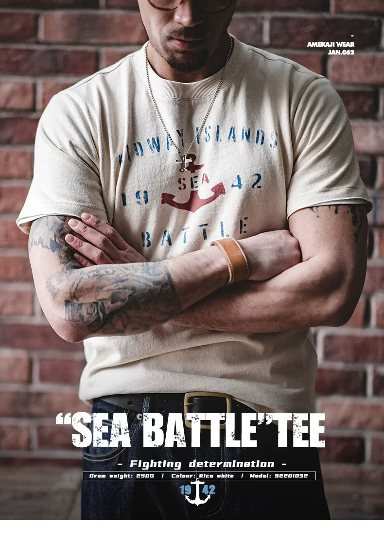 Maden Vintage Anchor Print Letter Crew Neck Tee