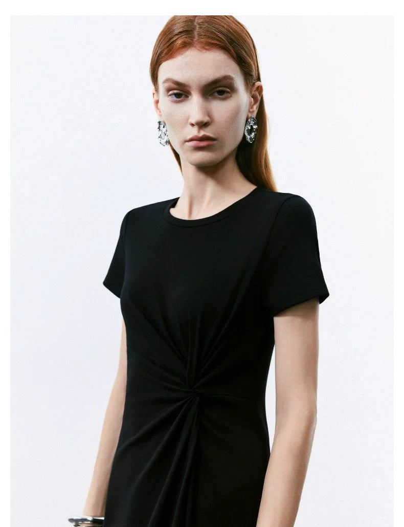 URBAN REVIVO Pleated Slit Slim Short Sleeve Dress