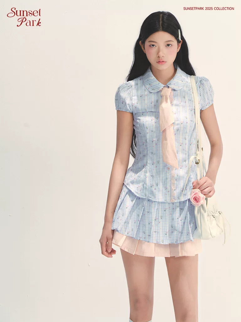 SunsetPark Floral Contrasting Plaid Shirt Pleated Skirt Set