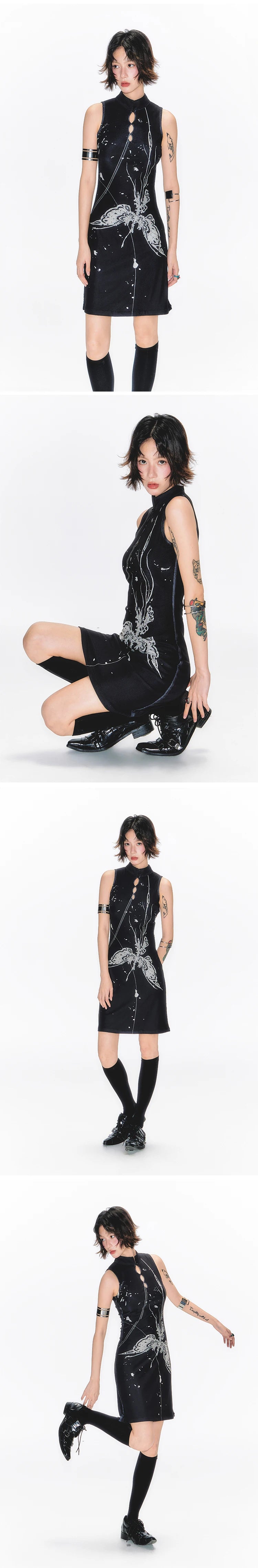 YEDM Butterfly Snake Print Cheongsam Dress