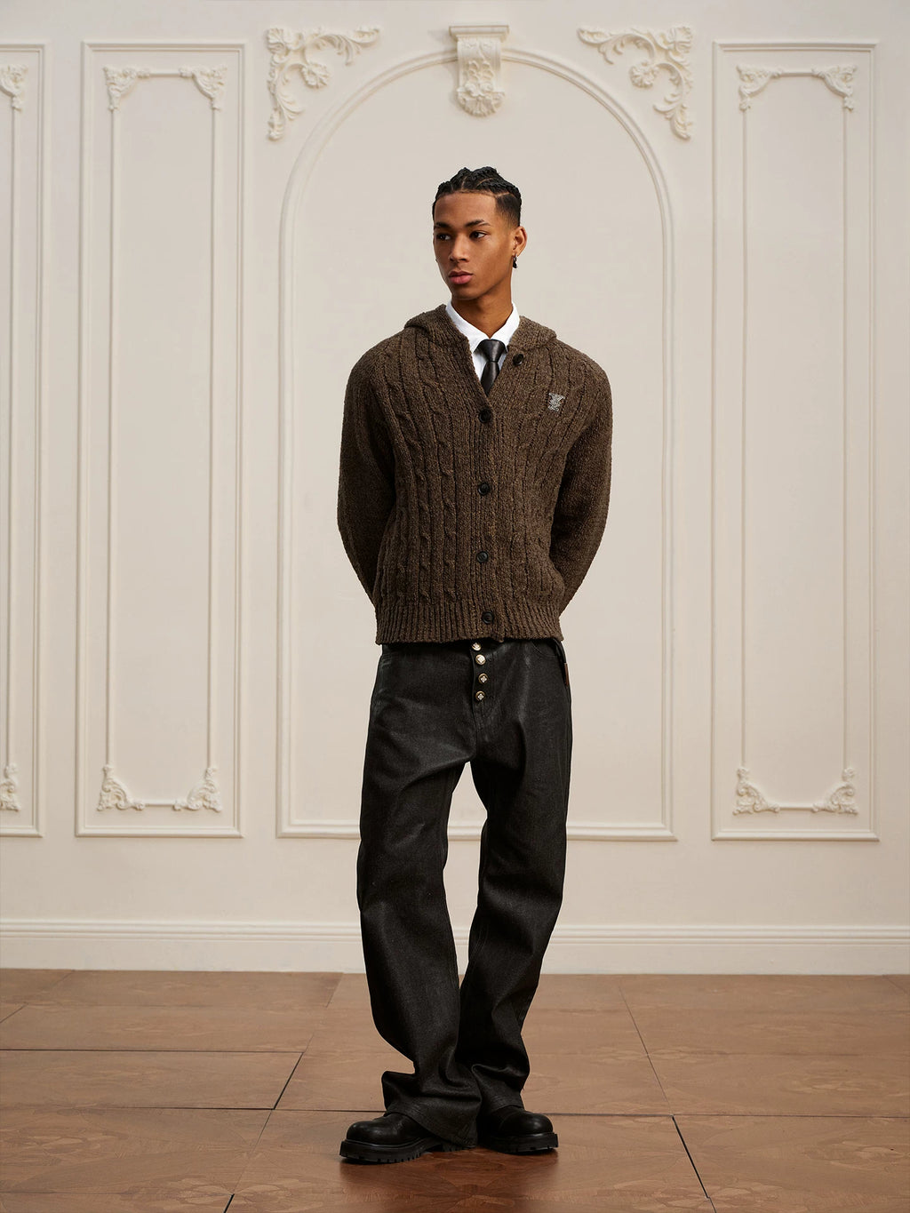 YADcrew Vintage Lazy Twist Hooded Knitted Cardigan