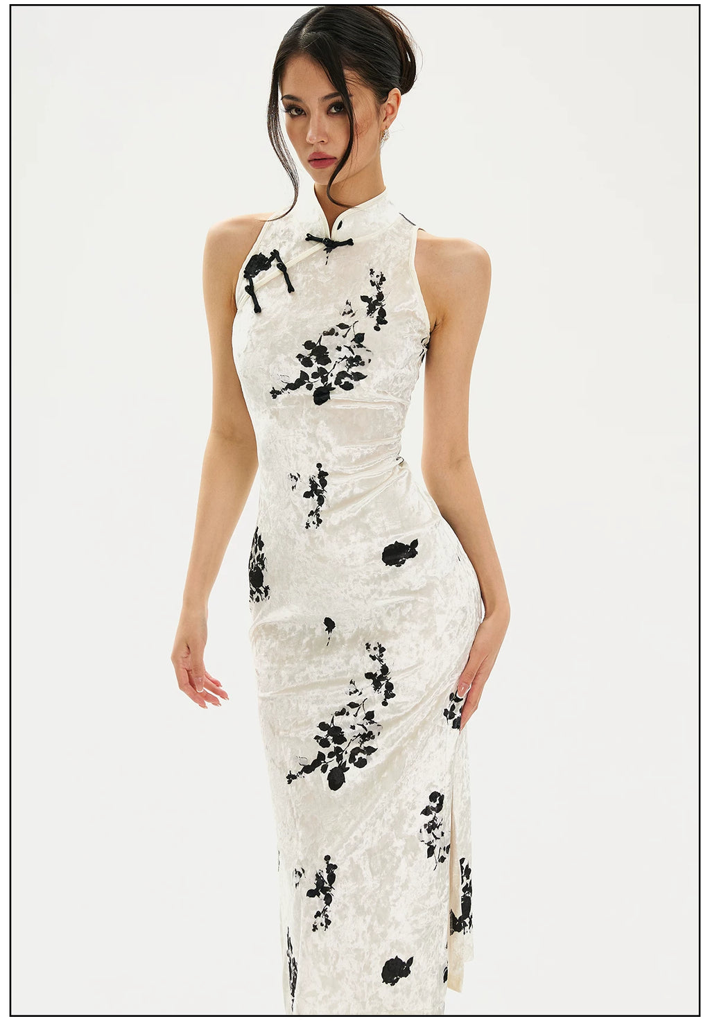 FINDYAWINGS Waist Ink Printing Long Cheongsam Dress