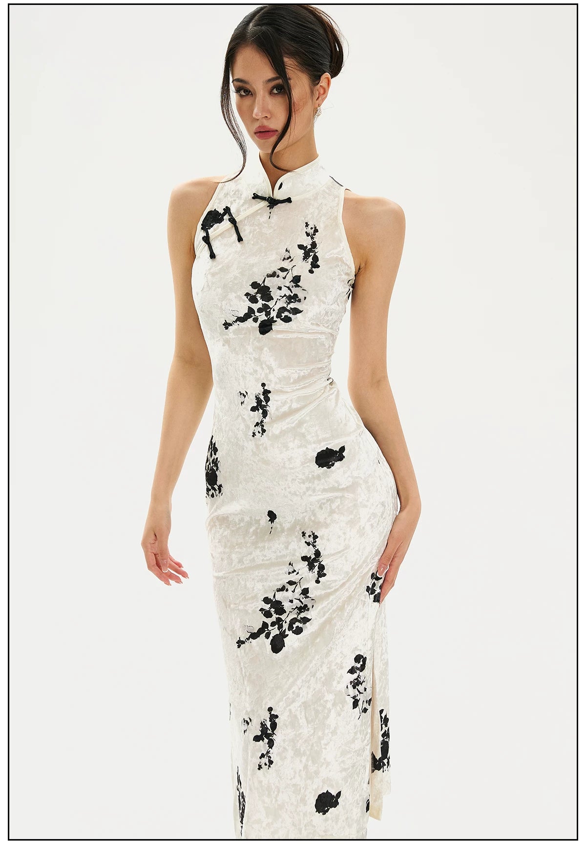 FINDYAWINGS Waist Ink Printing Long Cheongsam Dress