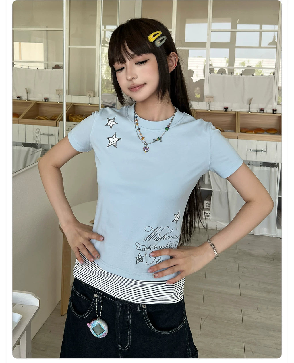 404MOB Crew Neck Striped Embroidered Slim Tee