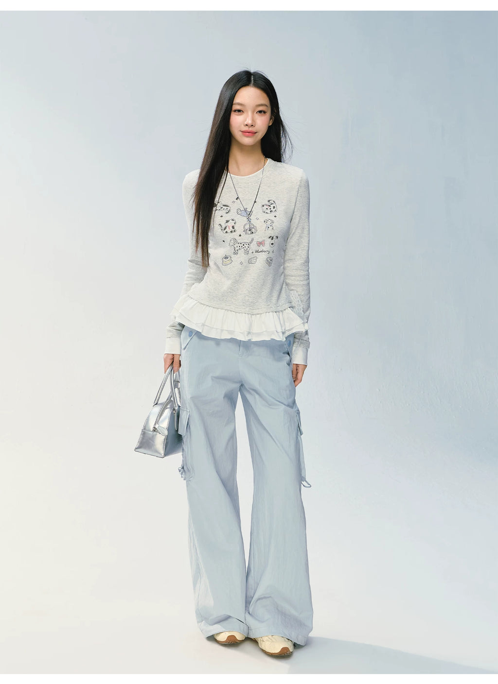Ablueberry Animal Embroidered Lotus Leaf Hem Casual Long Sleeves
