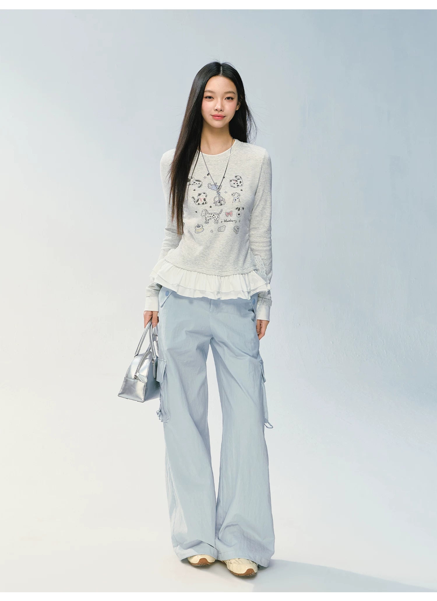 Ablueberry Animal Embroidered Lotus Leaf Hem Casual Long Sleeves