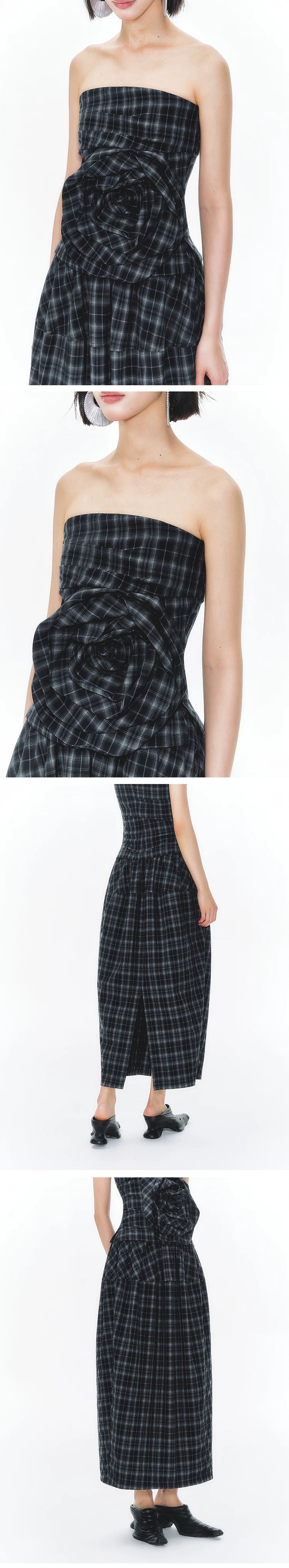 YEDM Retro Plaid Three-dimensional Rose Tube Top Set