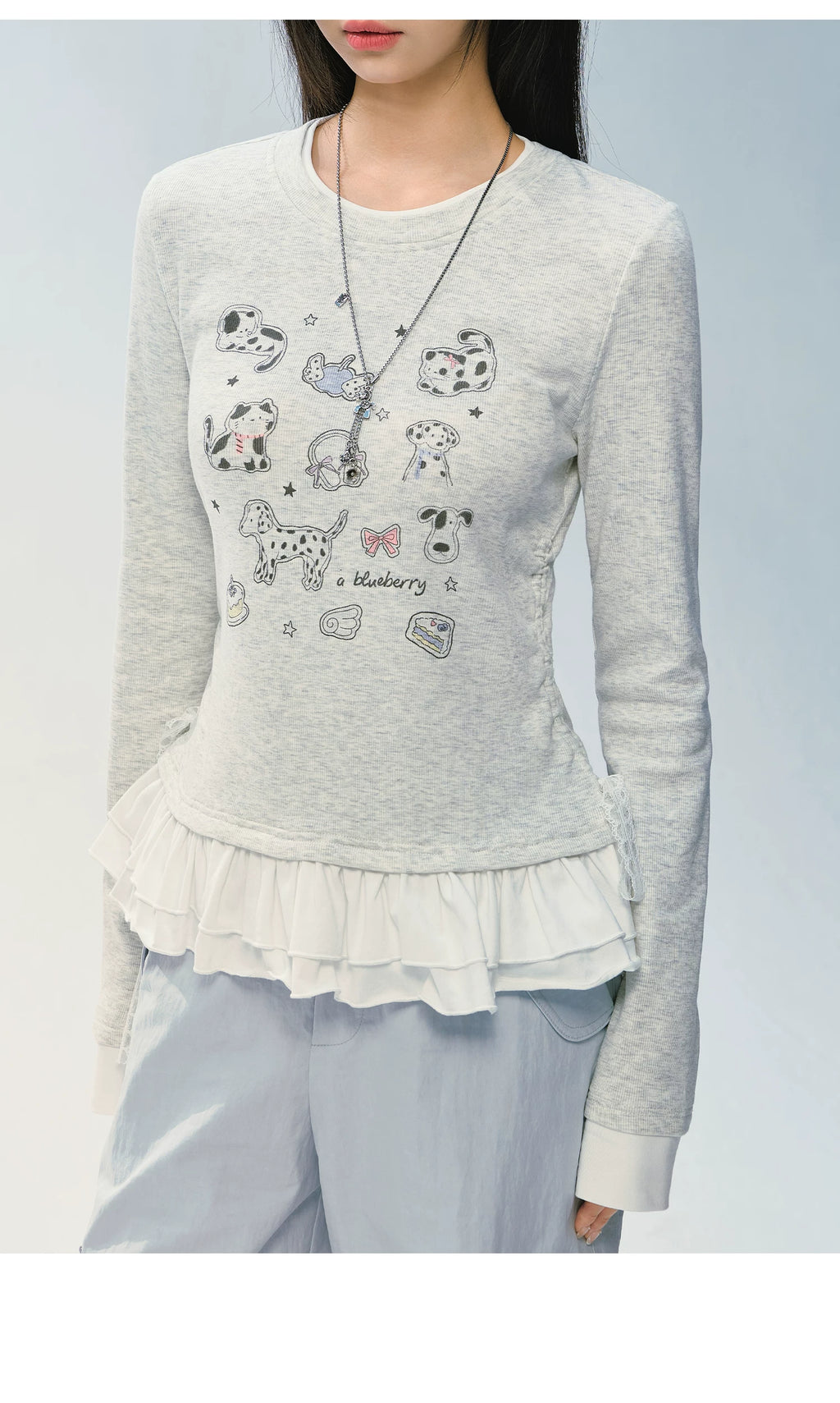 Ablueberry Animal Embroidered Lotus Leaf Hem Casual Long Sleeves